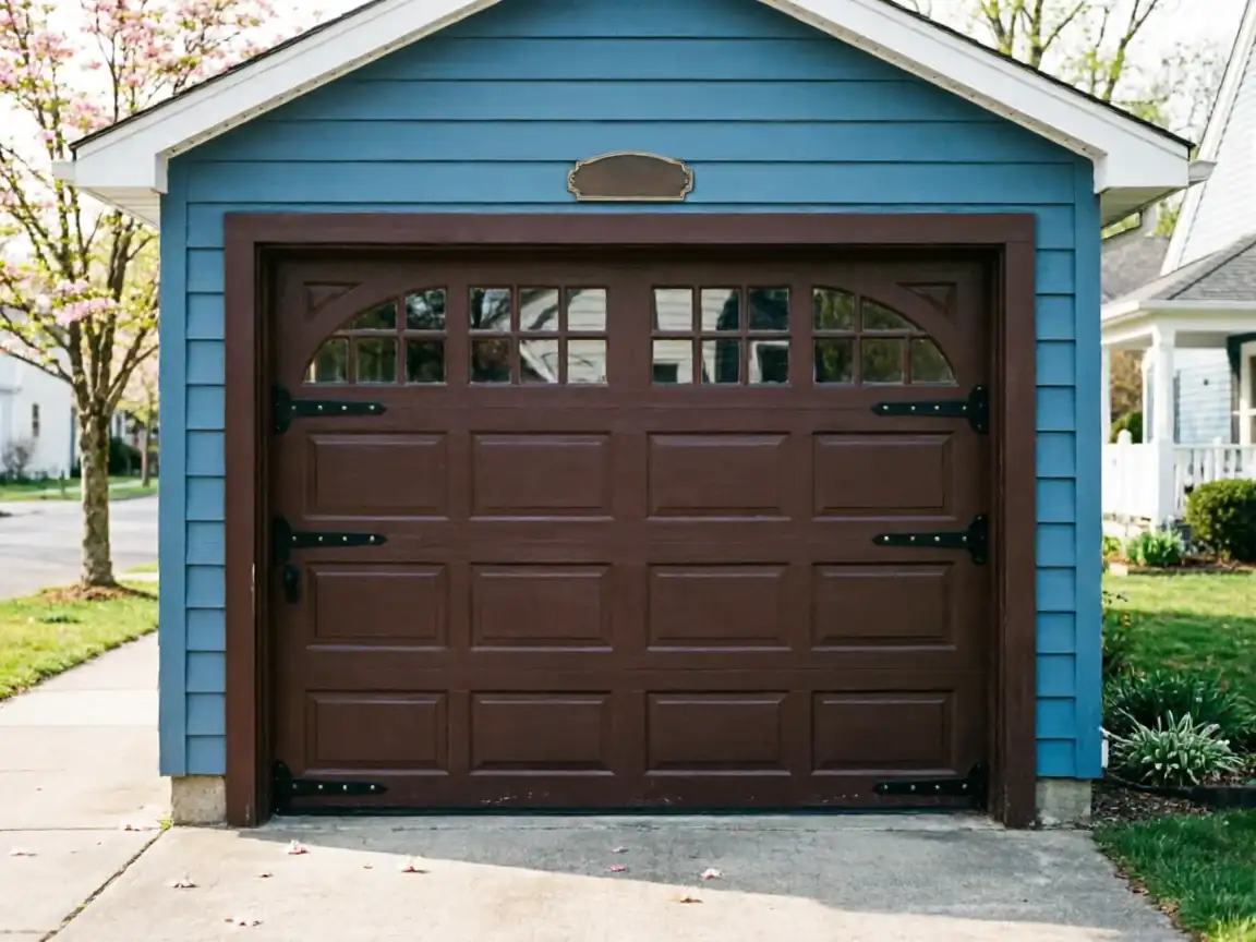 A brown garage door with windows is on a blue house.