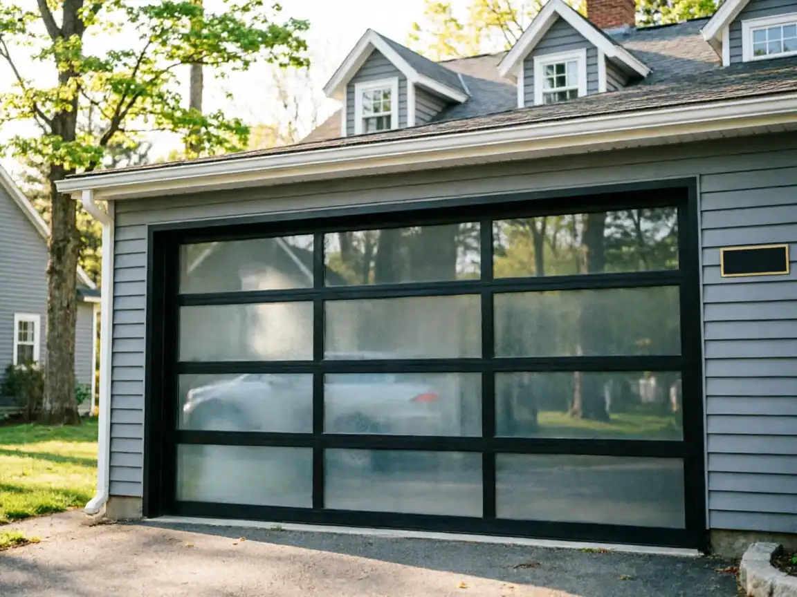 A modern garage door with frosted glass panels on a gray house.