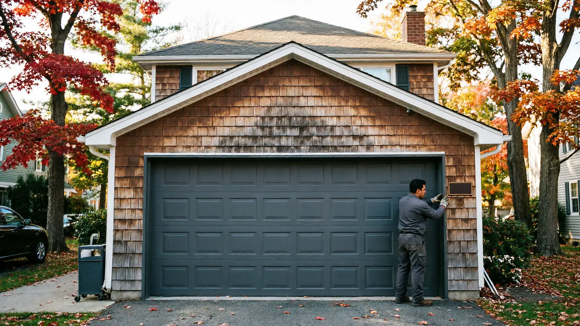 A technician works on the trim next to a gray garage door on a house.