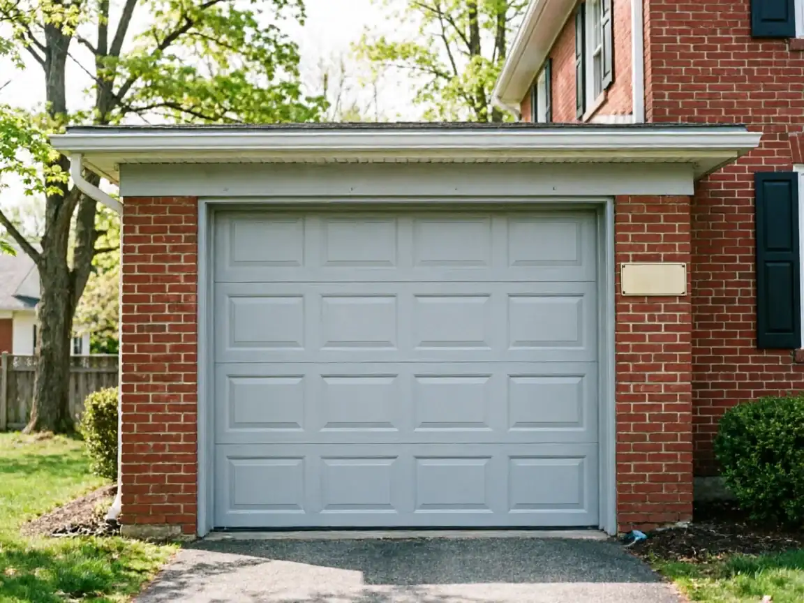 A light gray garage door is set into a red brick house.