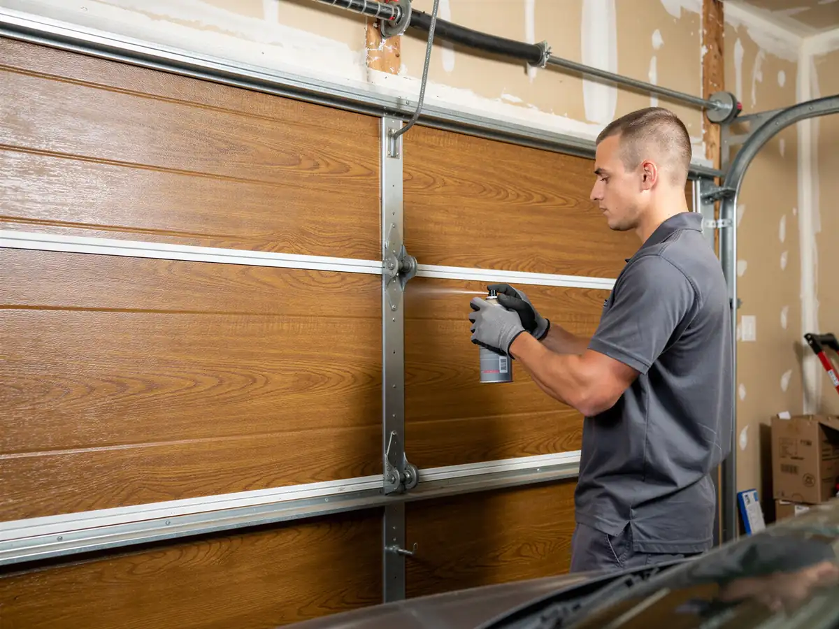 A technician in gray gloves sprays lubricant on a brown garage door.