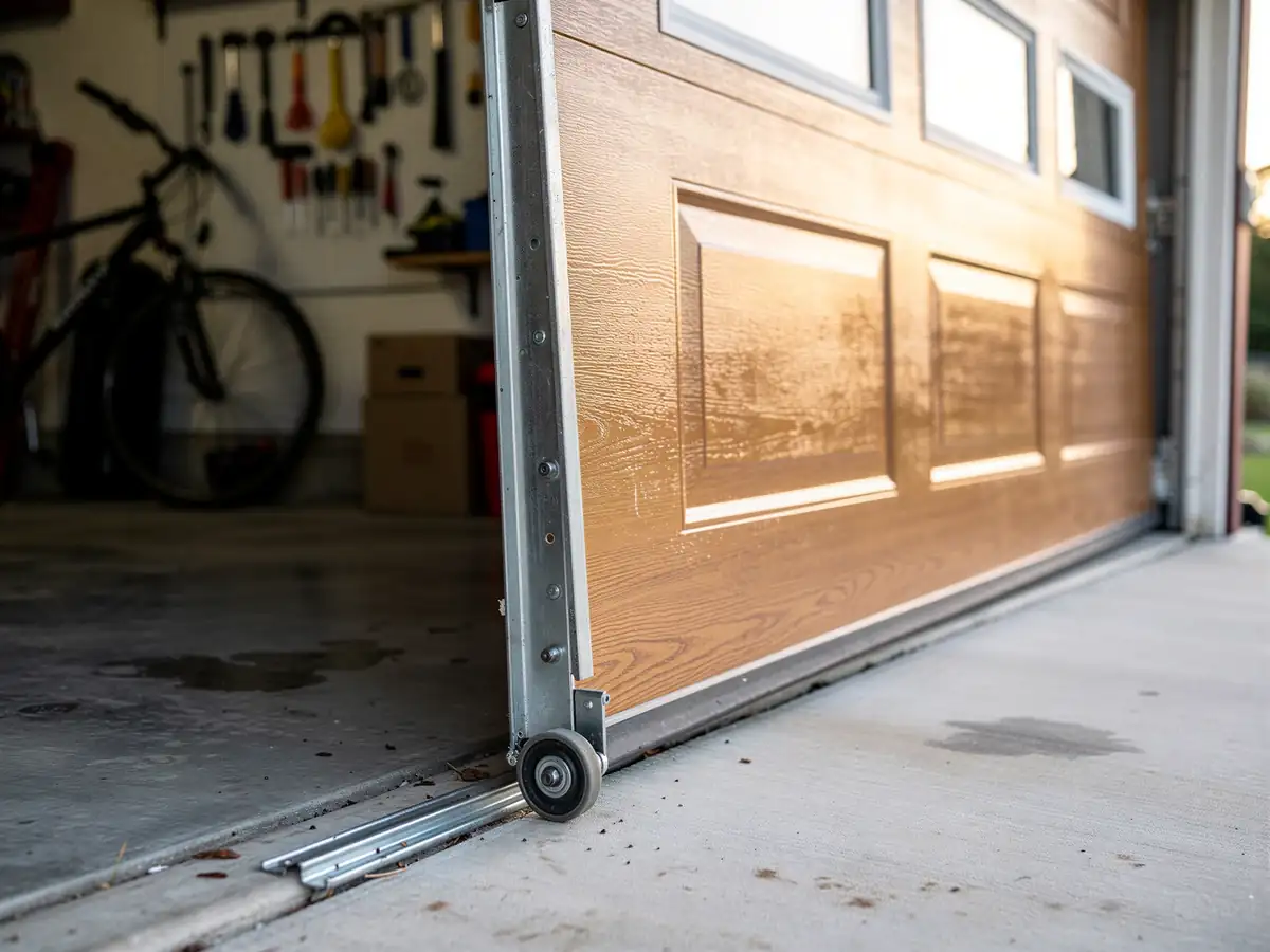 The garage door is partially open with a roller off its track.
