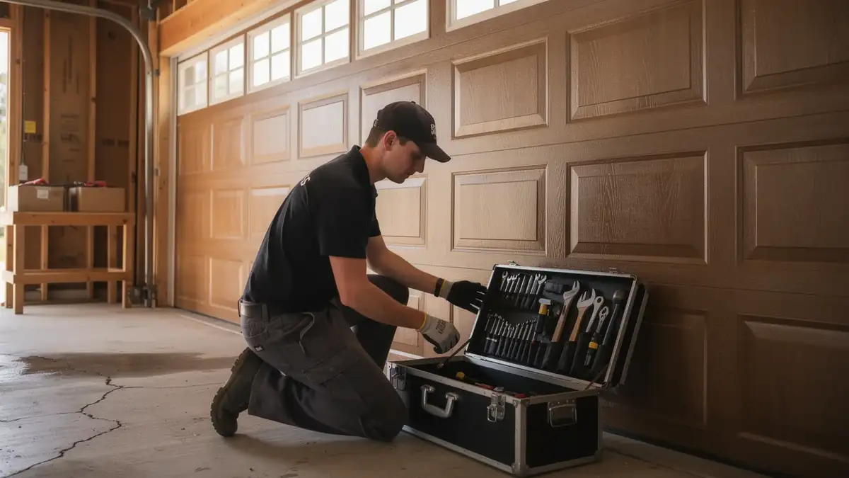 A technician kneels in a garage, opening a toolbox in front of a brown garage door.
