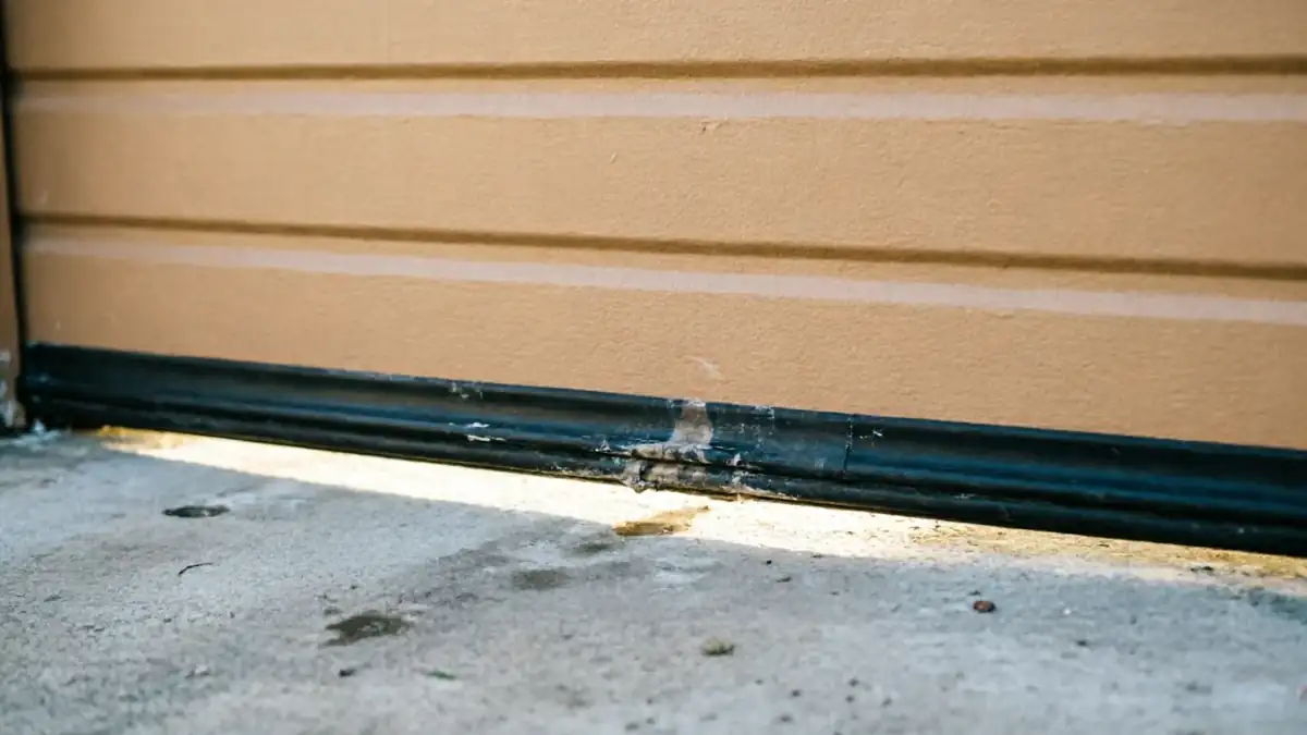 The bottom of a tan garage door has a damaged black seal with light showing underneath.