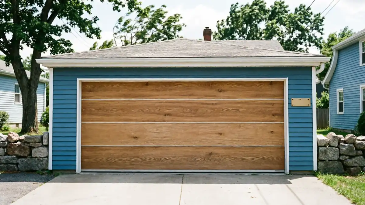 A blue garage with a horizontal wood panel garage door and a stone wall.